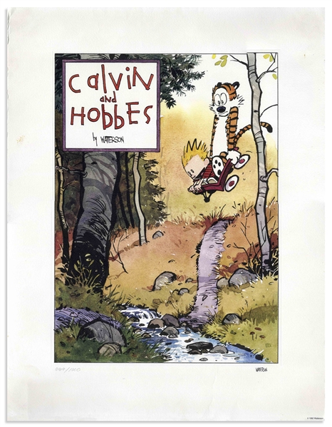 Bill Watterson Signed Limited Edition Lithograph of ''Calvin and Hobbes'' -- One of 1,000 Prints Sent to Newspaper Editors After Watterson Came Back From a 9 Month Sabbatical in 1992